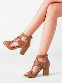 Fashion Women Toe PU Heeled Sandals Street Snap Cut Out Square Heel Zip Casual Sandals For Women Wide Width - 棕色 - 查看 9
