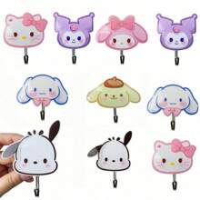 Sanrio Sanrio Cute Cartoon Sticky Hooks Featuring Characters Like Hello Kitty, Cinnamoroll, Kuromi, My Melody, And Pompom Purin, No-Drill Daily Home Decor Hooks, Perfect For Hanging Bath Towels, Hand Towels, Bags, Kitchen Tools, And Key Storage, Suitable For Living Room, Kitchen, Bathroom, Bedroom, Office Accessories