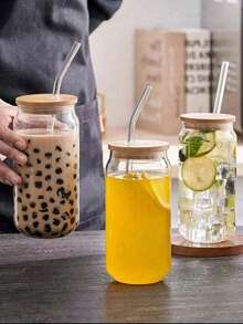 1个透明玻璃杯，450毫升带盖吸管水杯，果汁杯，牛奶杯，饮料杯，啤酒杯，红酒杯，分装杯，耐热咖啡杯，奶茶杯，适用于家庭和办公室 - 透明B款 - 查看 10