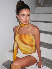 Women's Ruched Tube Tops Fashion Print Strapless Mesh Overlay Bandeau Tops Slim Fit Shirts With Scarf - Yellow - View 5