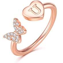 TUANZISP 1pc Elegant Copper Butterfly Heart Letter Ring, Adjustable Personalized Initial A-Z Rings, Fashionable & Casual Jewelry Gift For Women