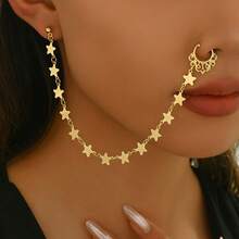 1pc Star & Moon Tassel Nose Stud, Clip-On Nose Ring, Piercing Look Earring Style Nose Hoop For Women - Multicolor - View 2