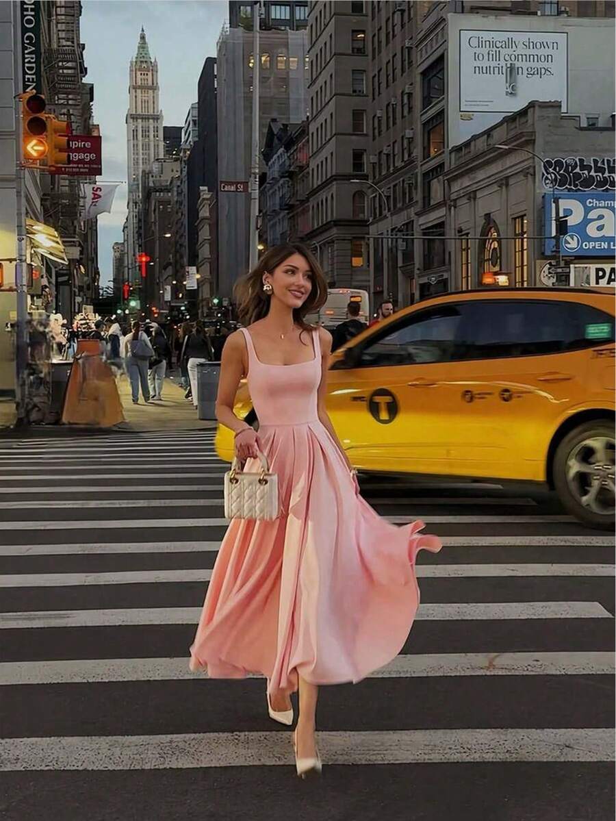 Damen Einfarbiges Zweischicht-Kleid für den Lässig-Büro-Look, elegant, sexy, für Cocktail-Partys, Urlaub, Frühling/Sommer - Pink - Übersicht 1