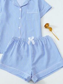 2pcs Striped Print Short Sleeve & Shorts Women Pajama Set