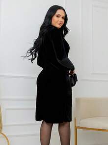 Crystal Velvet Long Sleeve Midi Dress Autumn Winter - 黑色 - 查看 2