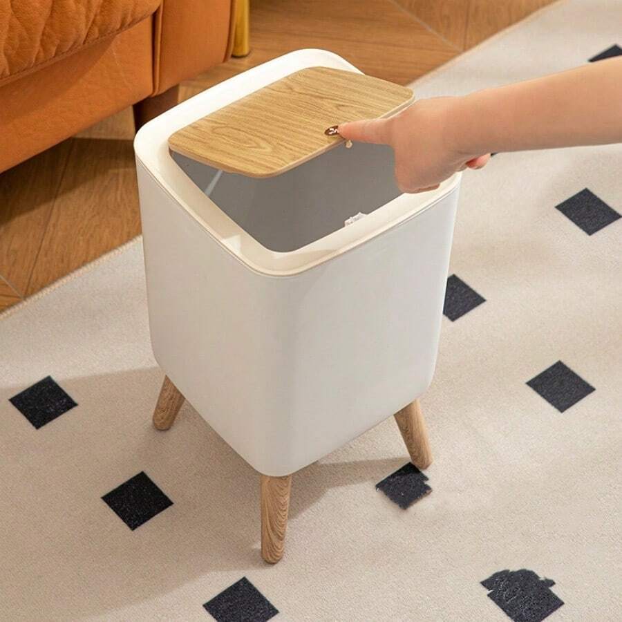 1 件装塑料木纹方形垃圾桶，废纸篓，适用于厨房、浴室、客厅、家庭、办公室、酒店 - 白色 - 查看 1