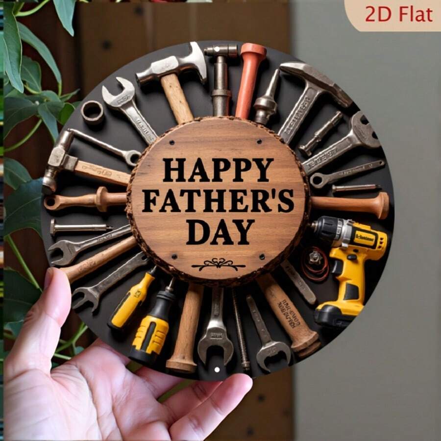 2D Flat, 1pc Happy Father's Day Metal Sign - Tool-Themed Round Wall Decor For Garage, Patio, Room - No Electricity Needed, 2D Flat Artwork, Gift For Dad, Father's Day Decorative Plaque, Fathers Day Gift, Toolthemed Design, 2D Flat