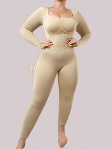 Winter Plus Size Women Seamless Slimming Jumpsuit With Compression, Long Sleeve And Pants