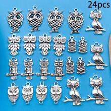混合 10/24 件合金仿古银色猫头鹰系列吊坠配件，适合 DIY 项链、耳环、钥匙扣首饰制作时尚配饰。 - 復古銀色 - 查看 14