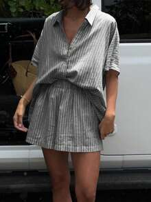 VIVINA 女士时尚休闲度假两件套，亚麻条纹翻领短袖开衫衬衫上衣和松紧腰口袋短裤，女士休闲度假装