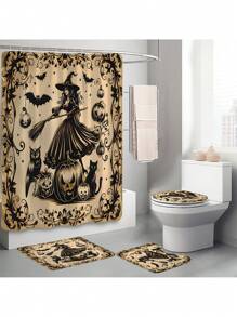 1 Stücke/4 Stücke Halloween Hexe Bad Kürbis Vorhang Dekoration, schönes Einweihungsgeschenk, moderne Heimdekoration, wasserdichter Duschvorhang und Toiletten-Bodenmatte Drei-Teile-Set mit 12 Duschvorhangösen Schulanfang