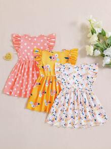 3pcs/Set Baby Girl Summer Cap Sleeve Tiny Ditsy Floral All Over Print Sweet Holiday Style Dress Set