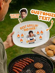 Personalized BBQ Serving Platter With Photo And Names, Best Grilling Dad Ever, Fathers Day Gift For Dad Grandpa Husband, Funny BBQ Keepsake Plate, Wall Decor For Kitchen, Summer Holiday Gift For Him, Birthday Present, Home Decor, Outdoor Dining - Multicolor - View 2
