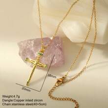 1pc Elegant Crystal Cross Pendant Necklace, Unisex - Stainless Steel, Gold Chain, Inlaid With Black, Transparent And Pink Gems, Versatile Jewelry Gift For Men And Women, Suitable For Casual Or Formal Occasions | Graceful Necklace | Cross Necklace