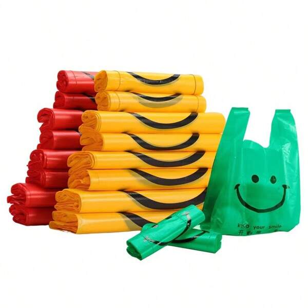 50 pezzi Borse della spesa in plastica gialle con facce sorridenti - Borse durevoli con un design "Farti sorridere", perfette per piccole imprese, eventi e confezioni di moda al dettaglio, borse regalo