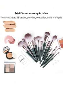 14pcs/Set Professional Makeup Brushes + 3pcs Black Makeup Sponges, Full Set Of Green Cosmetic Tools Suitable For Foundation, Blush, Eyebrow, Concealer, Liquid Blending, Essential For Beginners & Makeup Artists