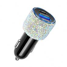 1个双USB车载充电器，手工闪亮水晶钻石汽车装饰，5V快充适配器，兼容安卓/智能手机