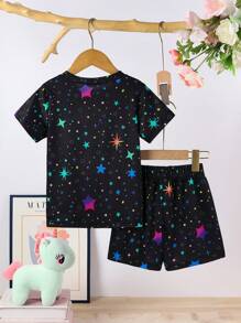 Girls' Summer Fashionable Cute Star & Unicorn Pattern Short Sleeve T-Shirt And Shorts Set, Suitable For Outdoor, Casual, Sports, Party