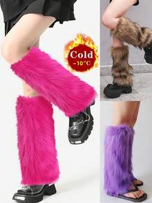 1 Pair Women's Retro Y2K Style Faux Fur Leg Warmers, Warm Furry Boot Cuffs In Purple And Yellow Plush Covers, Vintage Luxury Spice Design, Perfect For Winter, Christmas, Easter Or Special Occasions, Cozy - Multicolor - View 2