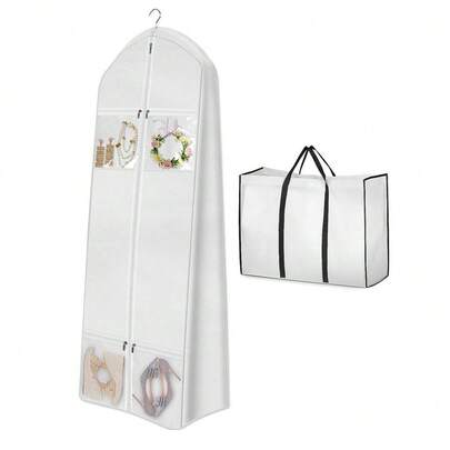 Portable 70" Wedding Dress Garment Bag With Bride Tote Bag 8'' Gusseted Dress Bags For Gowns Long 4 Pockets Dress Cover For Women, White