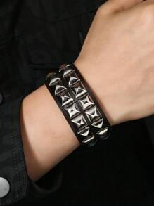 1 Peça Pulseira de Couro Estilo Punk Rock com Pirâmides Metálicas