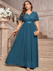 Vestido largo de fiesta formal con cuello en V profundo, encaje con lentejuelas, volantes, manga de malla y contraste de gasa - Neblina azul - Ver 5