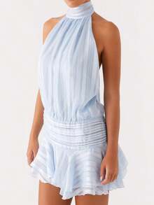 Women Mini Halter Neck Dress Pleated Sleeveless Open Back A-Line Layered Ruffle Short Dress - Blue - View 2