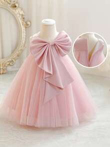 女婴粉色蝴蝶结圣诞派对礼服，优雅公主薄纱长裙，适合一周岁生日、婚礼、宴会、节日庆典等场合 - 粉色 - 查看 5