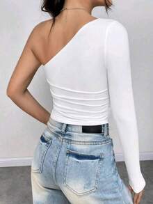 Women's Cropped Top T-Shirt Blouse With One-Shoulder Neckline Suplex Fabric Ideal For Going Out On Casual Romantic Elegant And Sophisticated Dates - 白色 - 查看 3