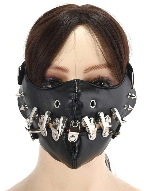 1pc New Simple Face Mask Headdress, Black Leather Spiked Rivet Metal Face Mask For Cosplay, Costume, Holiday Decor