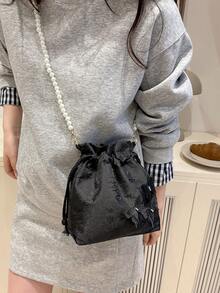时尚优雅珍珠链迷你水桶包 - 黑色 - 查看 3