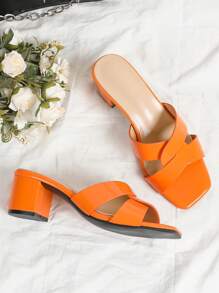 Orange Slip-On High Heels For Women, Cross Strap Peep Toe Square Toe Chunky Heeled Fashion Casual Beach Mules Summer Sandals