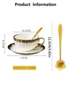 1pc High Capacity Coffee Cup Set, Ceramic Coffee Cup Set With Spoon, Cup & Saucer - 250ml/8.5oz Ceramic Tea Cup, Golden Iron Holder, Holiday Gift, Golden Coffee Cup, Suitable For Work, Daily Use, Home, Gathering, Local Warehouse, Kitchen Accessories, Cup