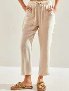 BIANCO LUCCI 女士纯色系腰带口袋宽松亚麻七分裤