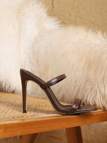 女士性感时尚露跟绑带穆勒鞋，方头细高跟休闲百搭黑色高跟凉鞋，细高跟鞋 - 咖啡棕 - 查看 8