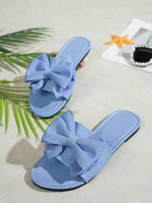 Sandalias planas para mujer, nuevas de verano, con decoración de lazo, cómodas, minimalistas, para playa, , casual, vacaciones, hogar, versátiles, ligeras, suela blanda, tallas grandes, chanclas de punta abierta - Celeste - Ver 5