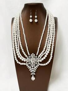 1 Set elegantes koreanisches Stil funkelndes Strass- & Perlen-Mehrschicht Halsketten- & Ohrringe Set, luxuriöser Retro Formeller Kleid Schmuck für Bühne, Party, Feiertage, Alltag