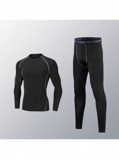 2 peças/conjunto estilo namorado compressão masculina corrida fitness academia treinamento secagem rápida respirável roupa esportiva terno, camiseta de manga comprida e calças roupas de ginástica estilo namorado masculino, terno atlético, agasalho estilo namorado masculino roupas de duas peças