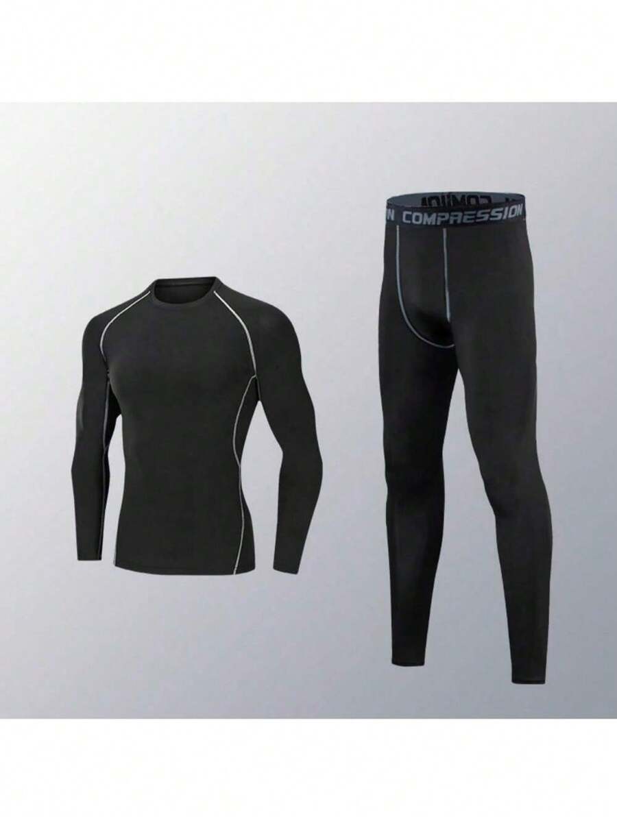2pcs/Set Boyfriend Style Men's Compression Running Fitness Gym Training Quick-Dry Breathable Sportswear Suit, Long Sleeve T-Shirt And Pants Gym Clothes Boyfriend Style Men, Athletic Suit, Tracksuit Boyfriend Style Men Two Pieces Outfits