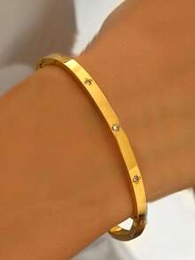 1/3 件时尚 18K 镀金不锈钢四叶草指甲手链，适合女士聚会和日常佩戴，欧美风格，个性、优雅、奢华的方晶锆石腕带，婚礼首饰套装 - 金色 - 查看 8