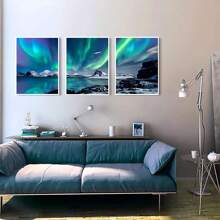 3pcs Frameless Canvas Prints, Suitable For Living Room Wall Decoration, Bedroom And Dining Room Wall Decoration, Office Home Art Hangings, Farmhouse Style Canvas Hangings, Aurora Landscape Paintings,Decoration Maison,Tableau Mural