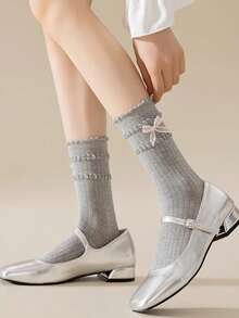 1双/4双洛丽塔蝴蝶蕾丝边薄款中筒袜，甜美日系风格，秋季女士