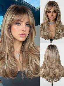 24 Inch Long Wavy Wigs With Bangs Dark Roots Brown Wigs For Women Brown Ombre Hair With Blonde Wigs,Heat-Resistant Synthetic Wigs For Daily Party Cosplay Wigs(Pay Attention To How You Wear And Care For It,Due To Lighting And Angle During Photography, The Actual Product May Have Slight Color Differences Compared To The Images.)