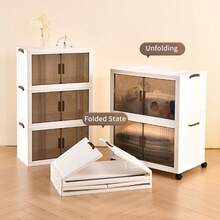 1pc Large Portable Storage Bins With Wheels & Lids - Multi-Layers Plastic Collapsible Stackable Organizer Cabinet For Closet, Cabinet Containers For Living Room, Office, Garage. Easy To Assemble, Mobile Storage Unit | Transparent Doors | Magnetic Closure, Storage Organizer, Home Decor - White - View 2