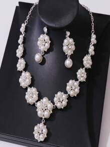 Conjunto de 3 piezas con collar con perlas falsas, rhinestones y flores, y pendientes con cuentas, apropiado para banquetes, fiestas, vestidos de novia y uso de joyería de mujer