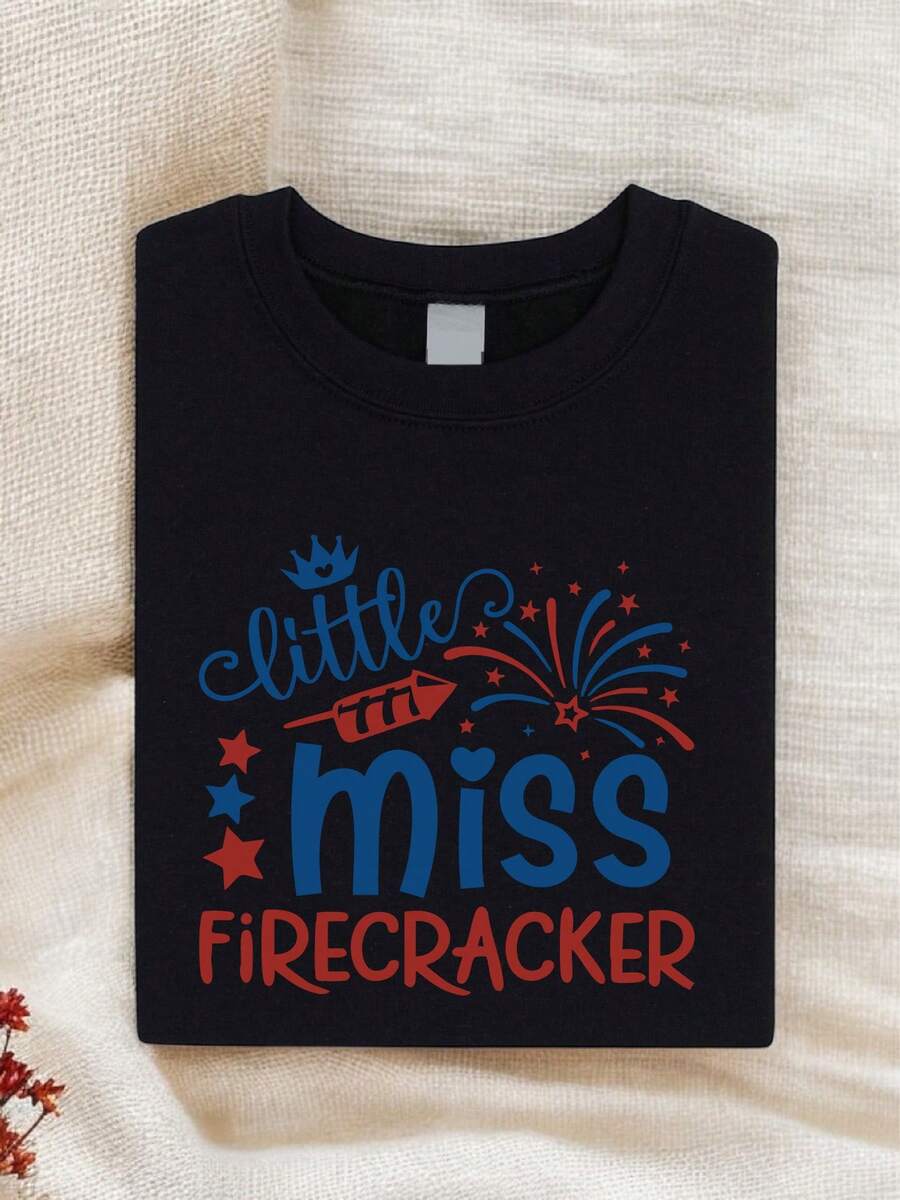 Little Miss Firecracker Shirt, 4th July T-Shirt, Family Reunion Tee, Family Trip Tee, Patriotic Girl Shirt SSN-1754 - Black - View 1