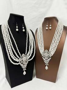 1 Set elegantes koreanisches Stil funkelndes Strass- & Perlen-Mehrschicht Halsketten- & Ohrringe Set, luxuriöser Retro Formeller Kleid Schmuck für Bühne, Party, Feiertage, Alltag
