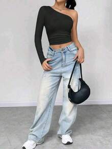 Women's Cropped Top T-Shirt Blouse With One-Shoulder Neckline Suplex Fabric Ideal For Going Out On Casual Romantic Elegant And Sophisticated Dates - 黑色 - 查看 3
