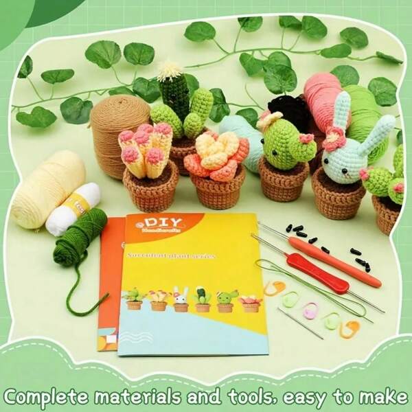 6pcs Cactus Crochet Hook Starter Kit, Beginner Crochet Tools Set Includes Crochet Hooks, Yarn, Polyester Fiber, Stitch Markers, Plastic Eyes And Instructions - Mixed 6pcs, Knitting & Crocheting Supplies, Crochet Kit, Craft Set, Suitable For Novice And Professional, Durable Material, Ideal For Handmade DIY, Craft Accessories, Knutselmateriaal, Personalized Gifts, Fabrics, Birthday Gifts, Party Favors