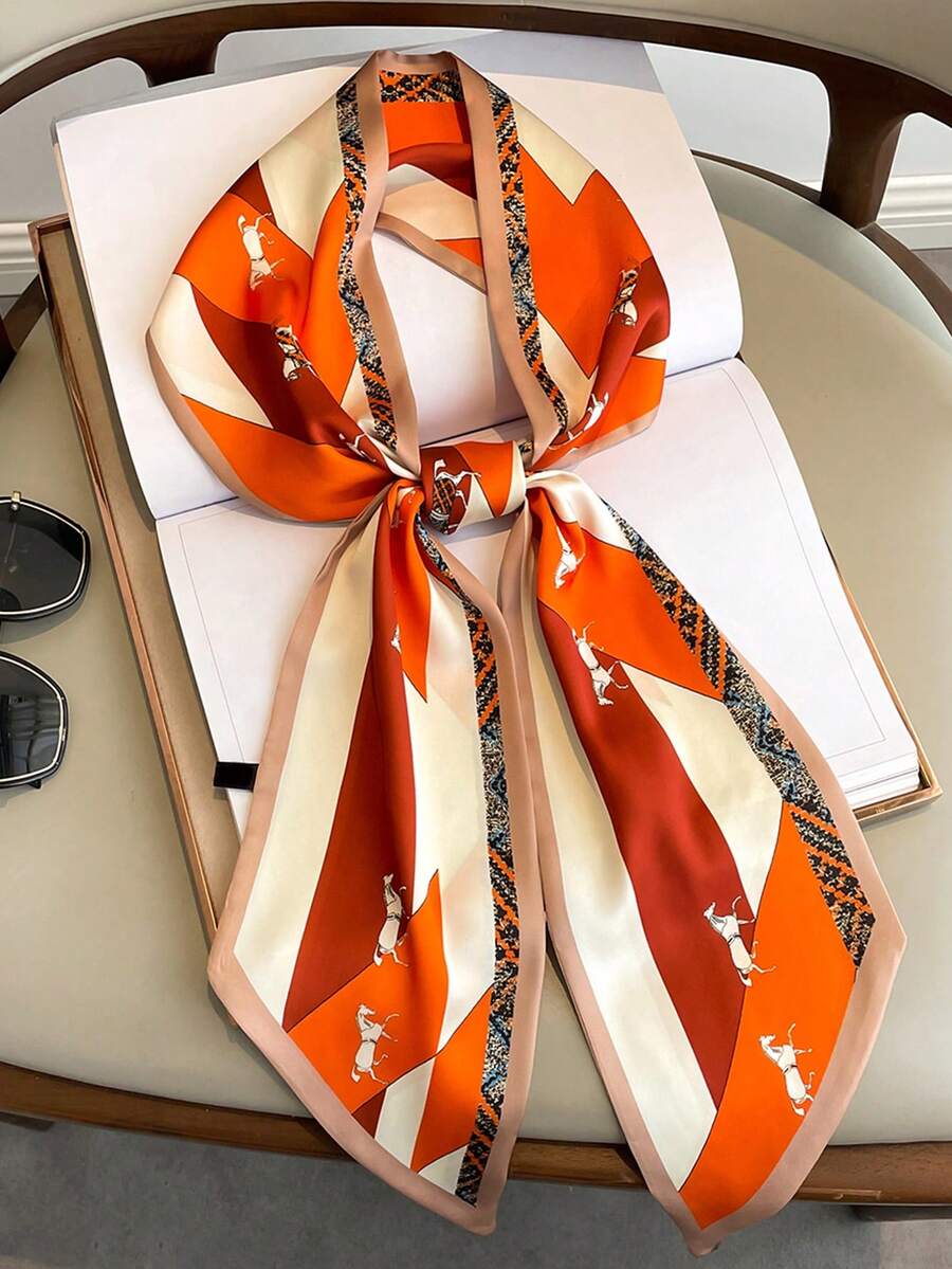 1 件 5.3 英寸 X57 英寸印花仿丝围巾，女士时尚头带，围巾，13.5 英寸 X145 厘米发带围巾 - 橙色12-01 - 查看 1